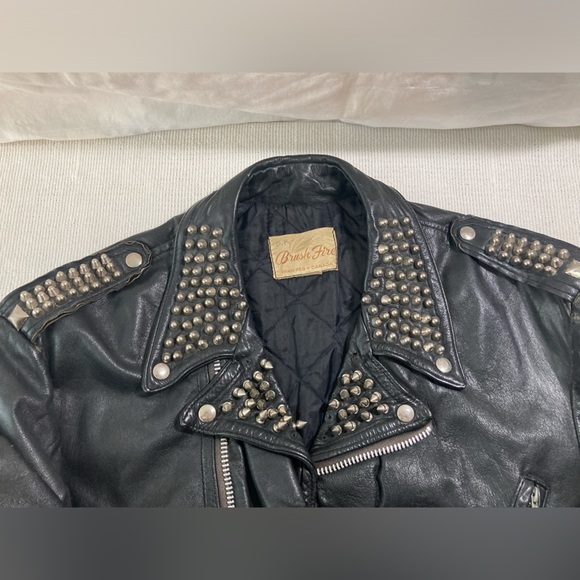 Black Leather Motorcycle Jacket Studded Vintage Brushfire Brand - Picture 5 of 15